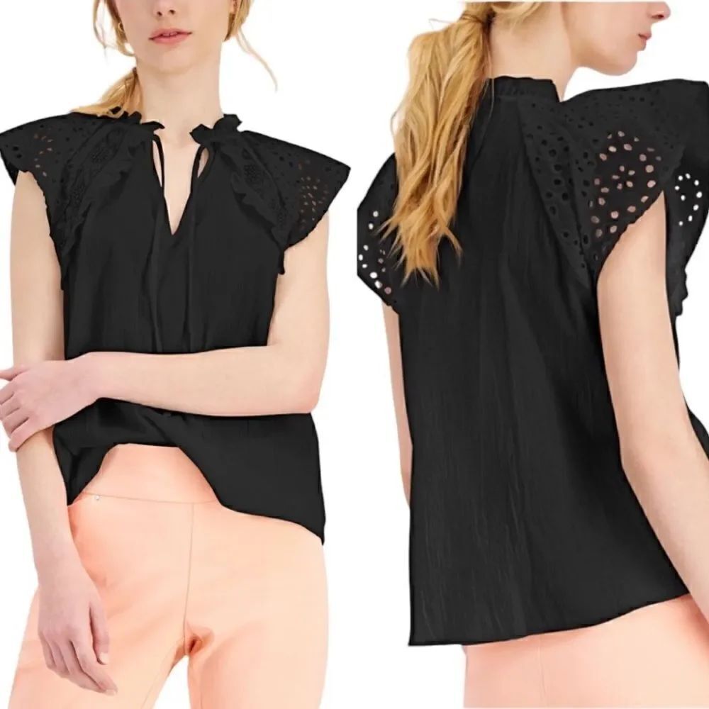 INC International Concepts Cotton Eyelet-Trim Top in the Size Large